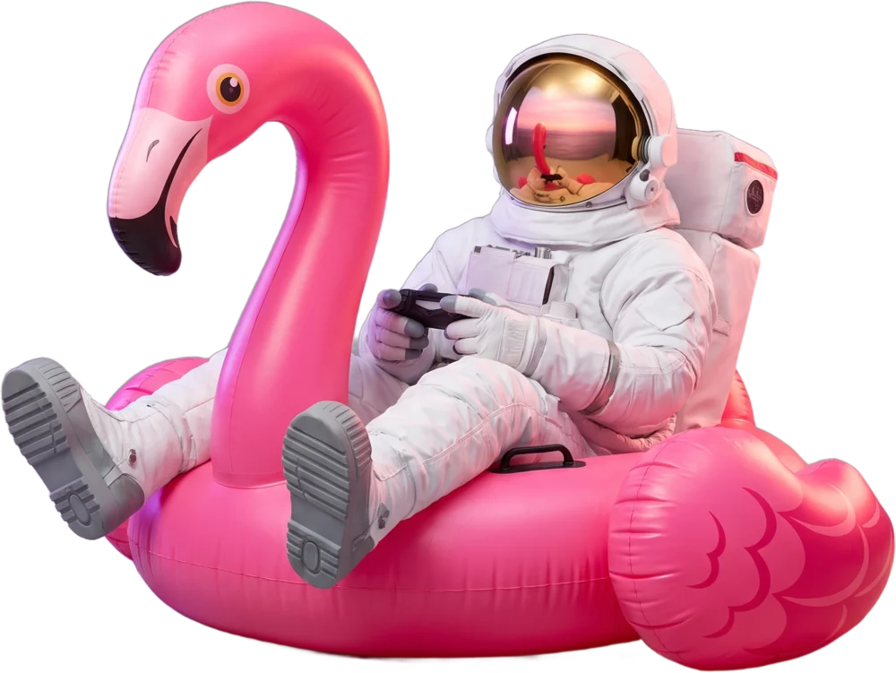 An astronaut lounging on a pink flamingo pool float with a game controller
