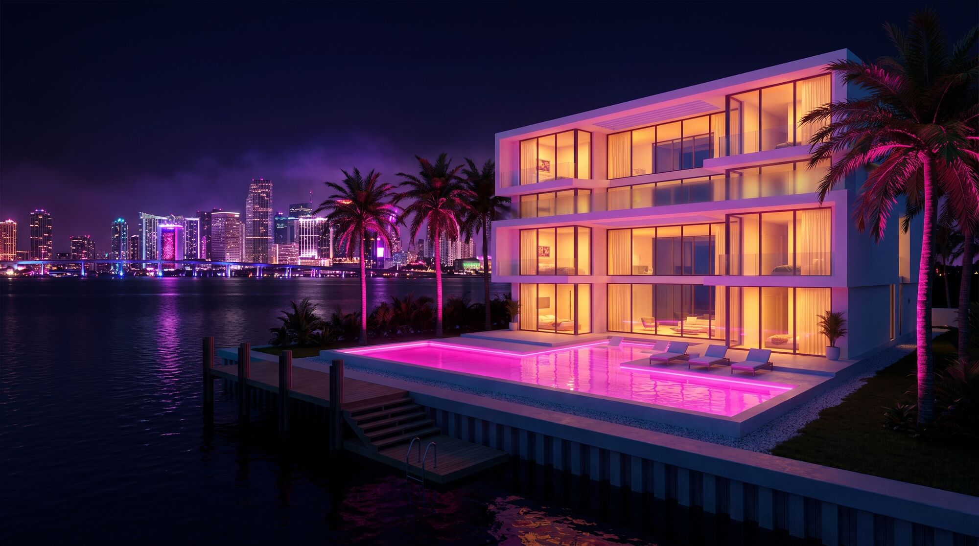 A luxury Miami waterfront villa lit up at night, pink pool in front of the skyline